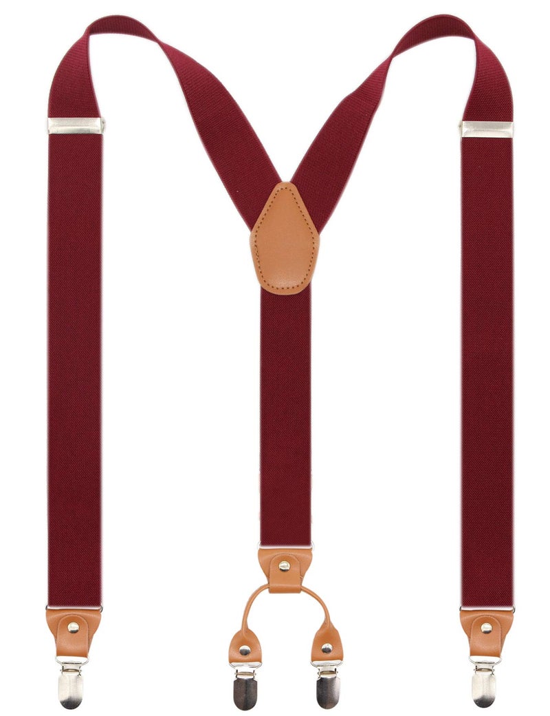 Timiot Menâ€™s Y-Back 4 Metal Clip Elastic Wide Suspenders Perfect For Both Casual&Formal (Burgundy) - Image 1